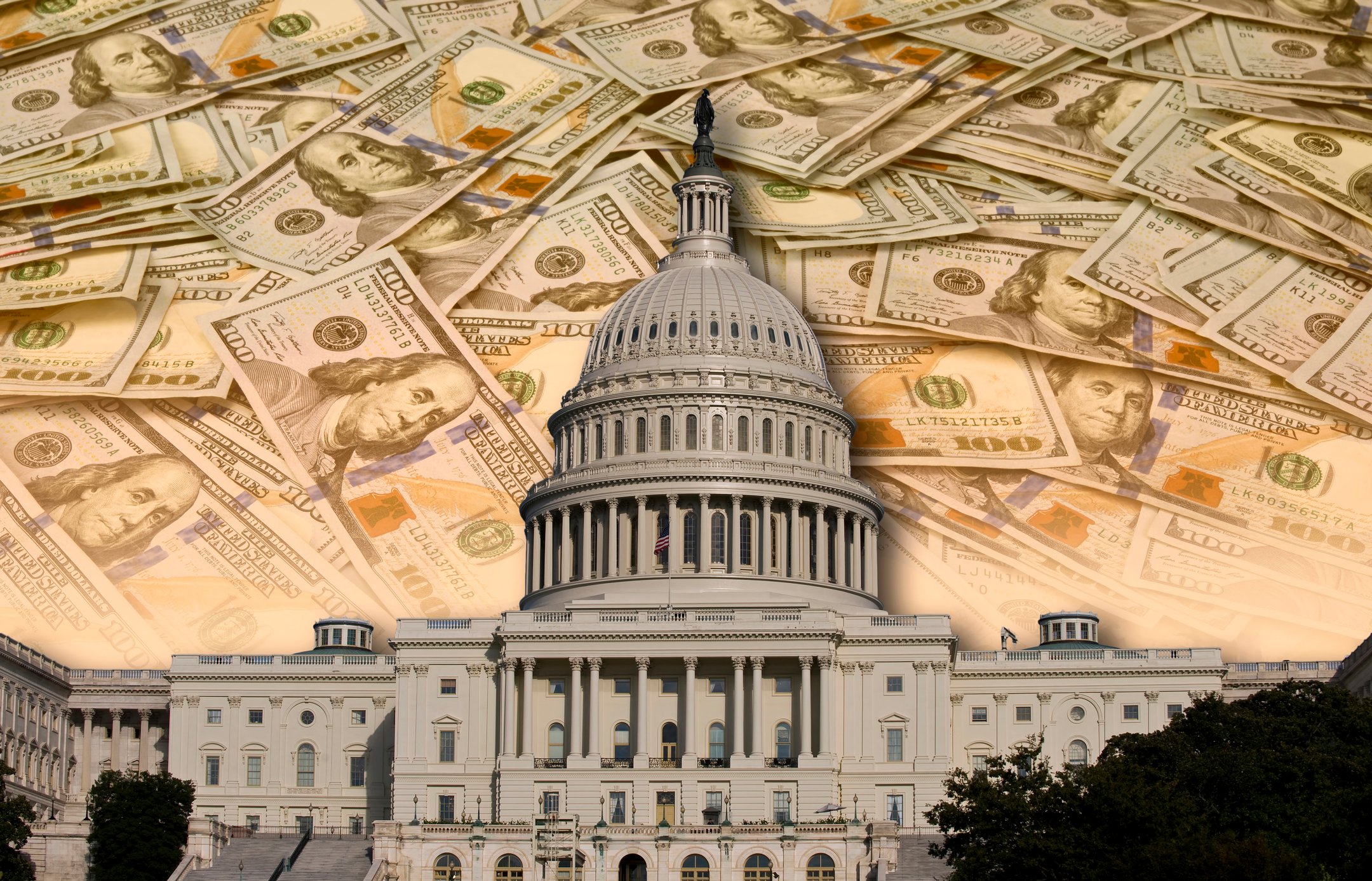 The U.S. Capitol building against a backdrop of cash.