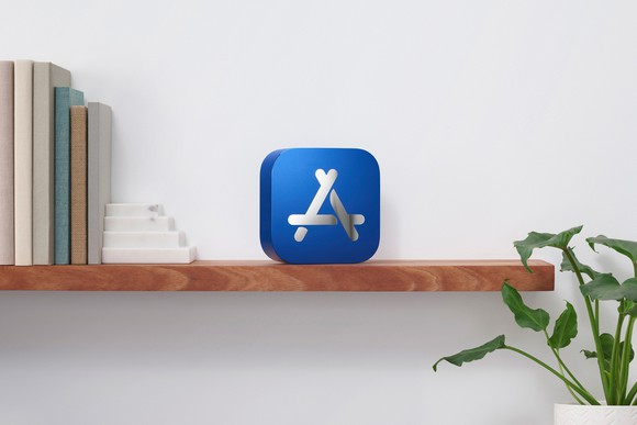 Blue box, bearing the Apple App Store logo, on a shelf.