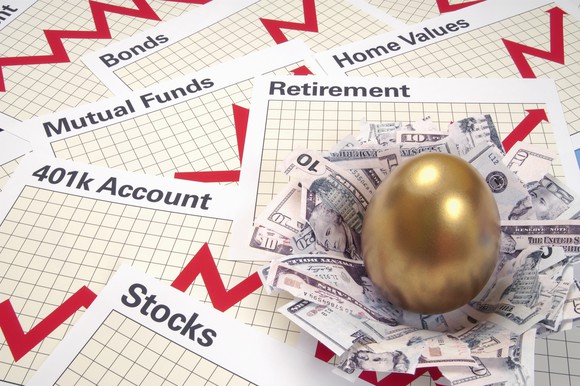 A golden egg atop a pile of bills surrounded by charts.