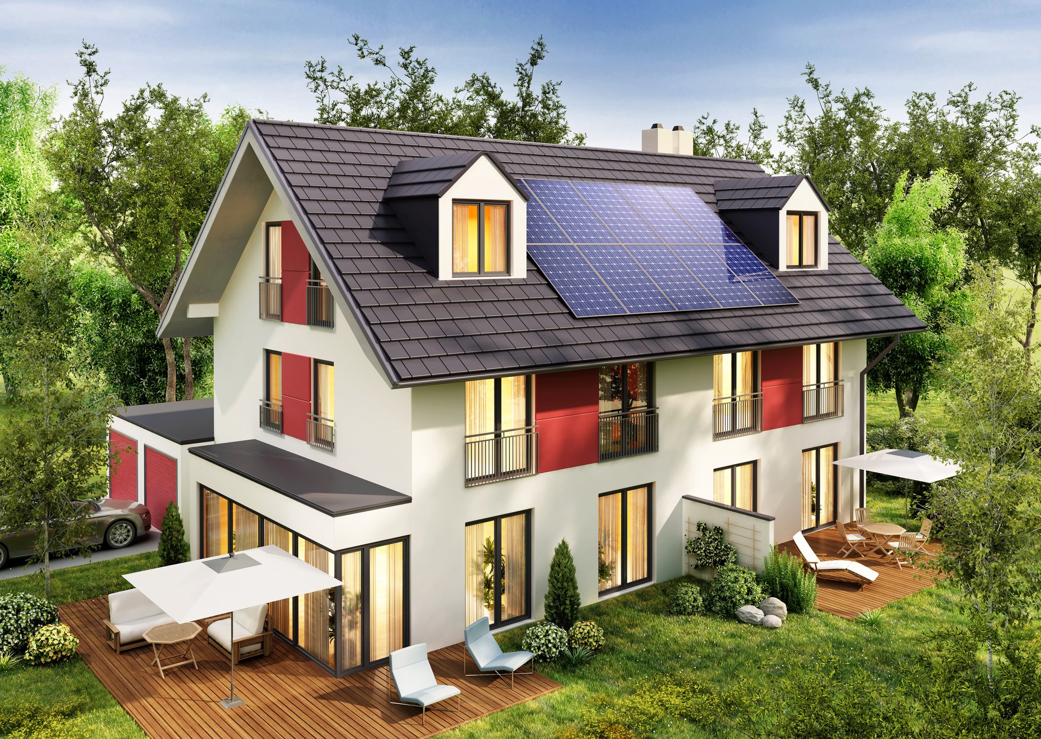 Modern house with solar panels on the roof.