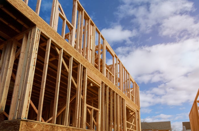 The frame of a house under construction