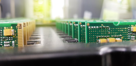 Circuit board assemblies on a tray. 