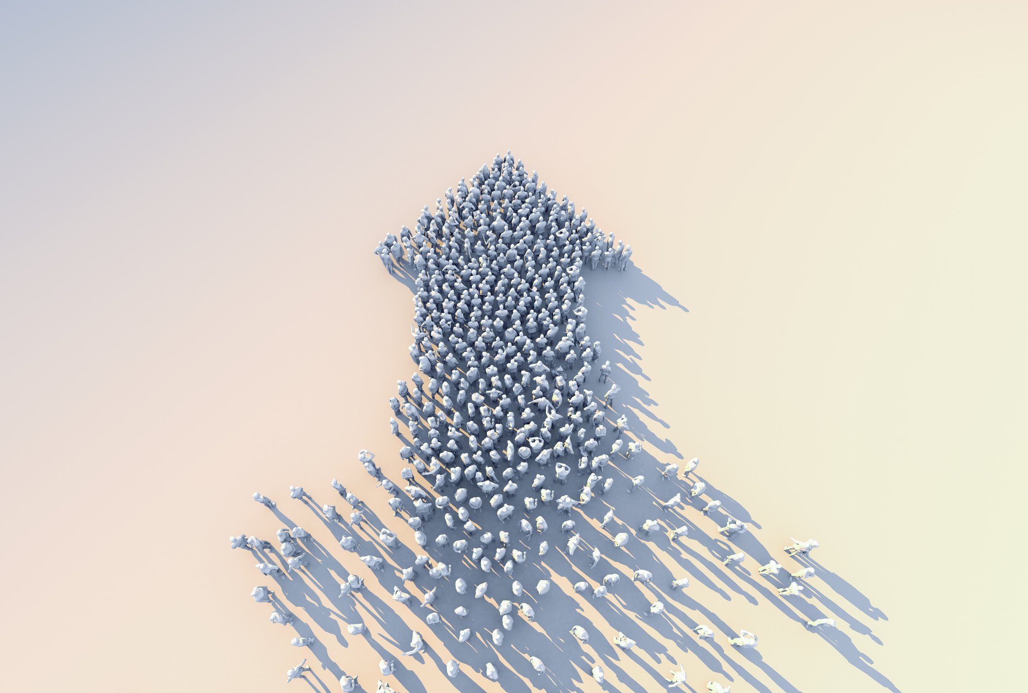 A large number of people forming the shape of an upward pointing arrow.