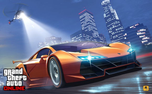 Game art from Grand Theft Auto five showing an orange sports car with a police helicopter hovering above it.