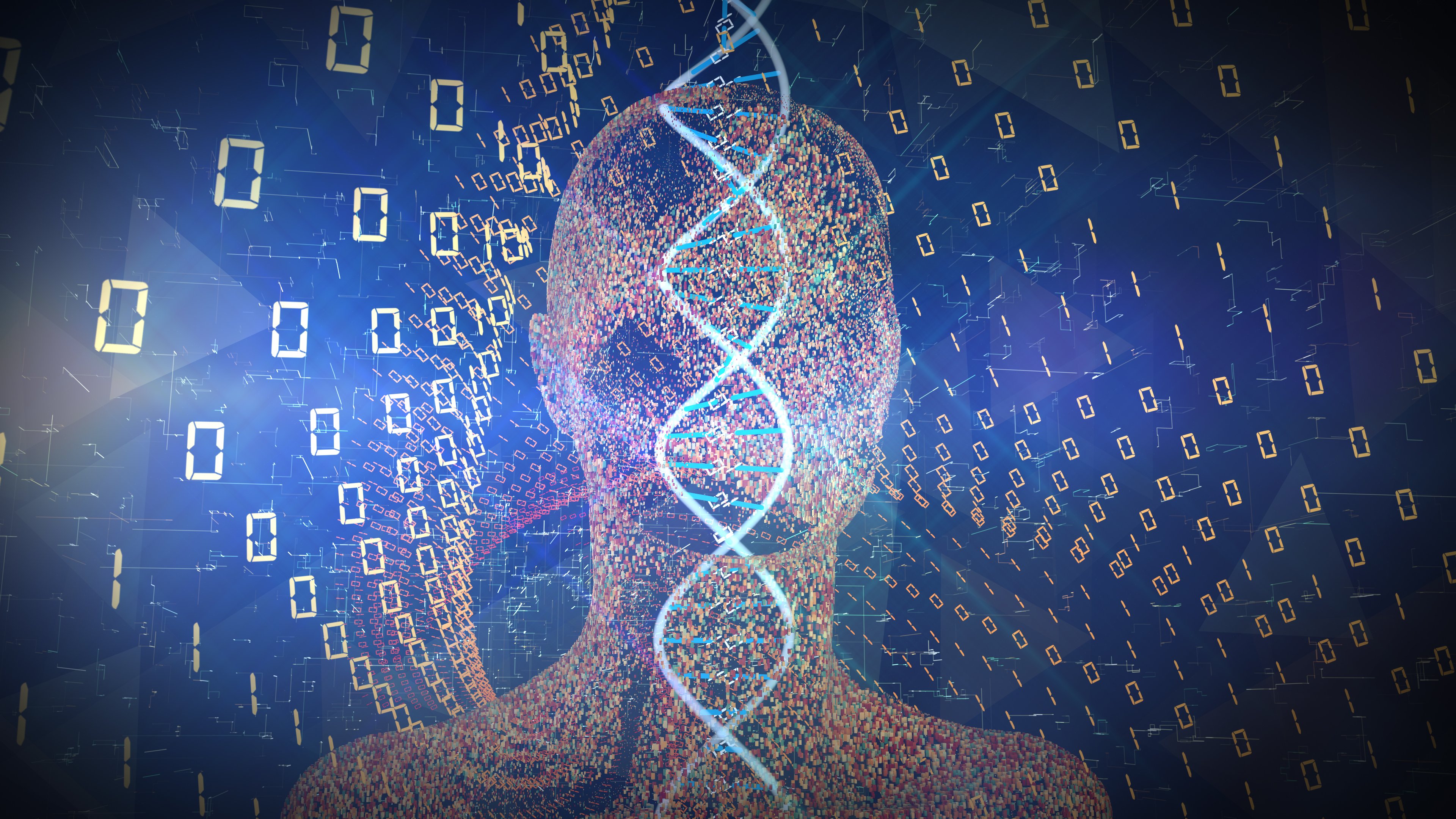 DNA double helix in front of a digital image of a person's head with 1s and 0s in the background