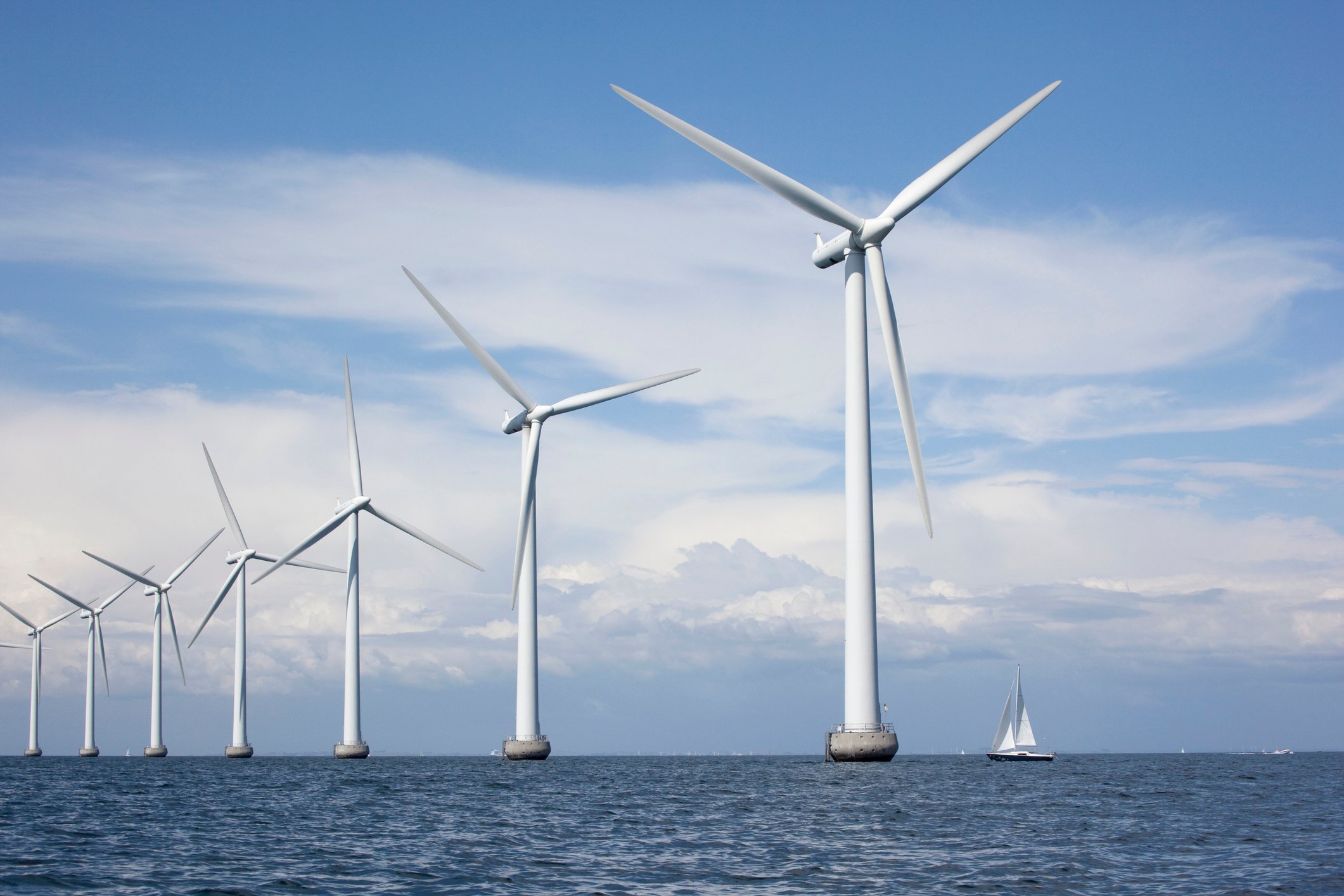 A sailboat drifts past offshore wind turbines. 