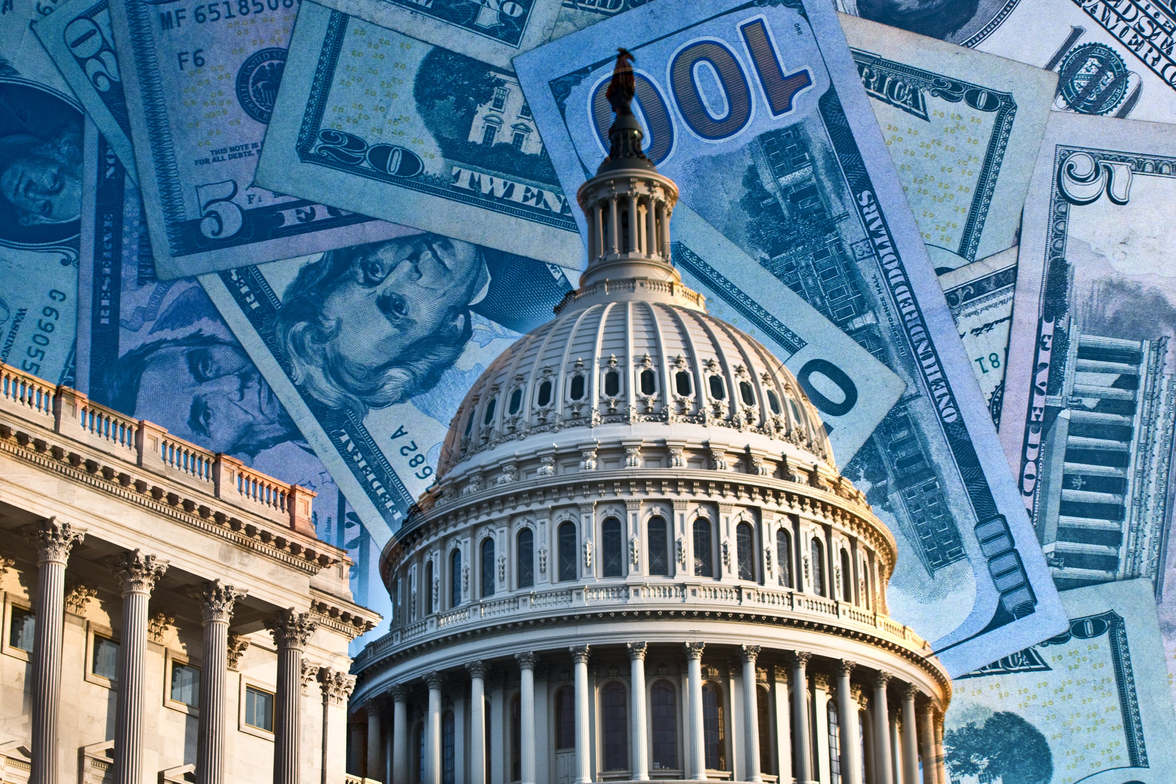 The U.S. Capitol building and a background of cash.