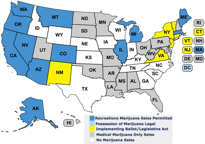 Map of the United States showing legal marijuana stats by state.