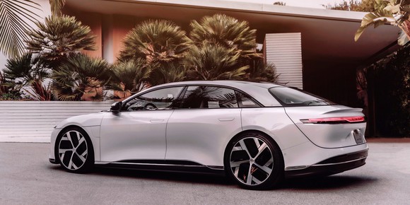 Side view of a white Lucid Air