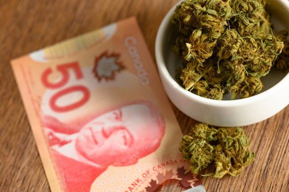 marijuana buds next to Canadian money