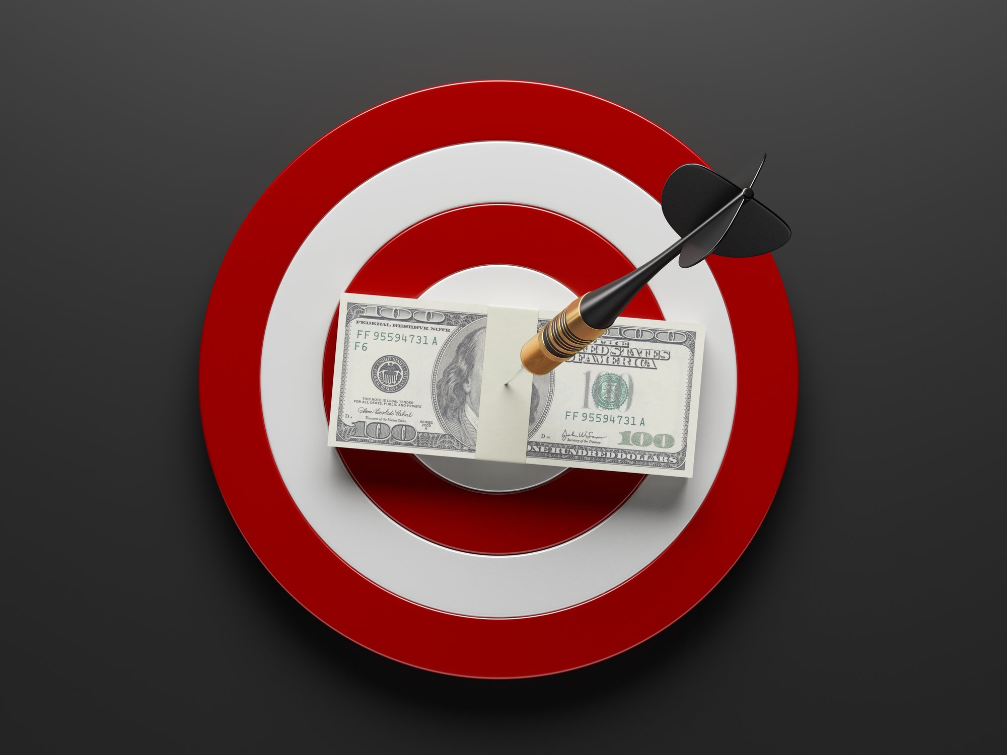 Red and white dart board, with an arrow going through a stack of hundred dollar bills in the bull's eye.