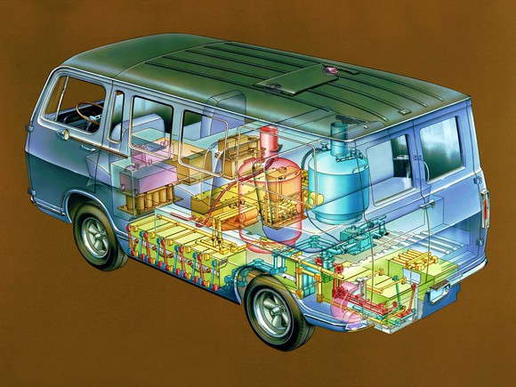 A cutaway drawing of GM's Electrovan, showing the fuel cell system that took up much of its interior.