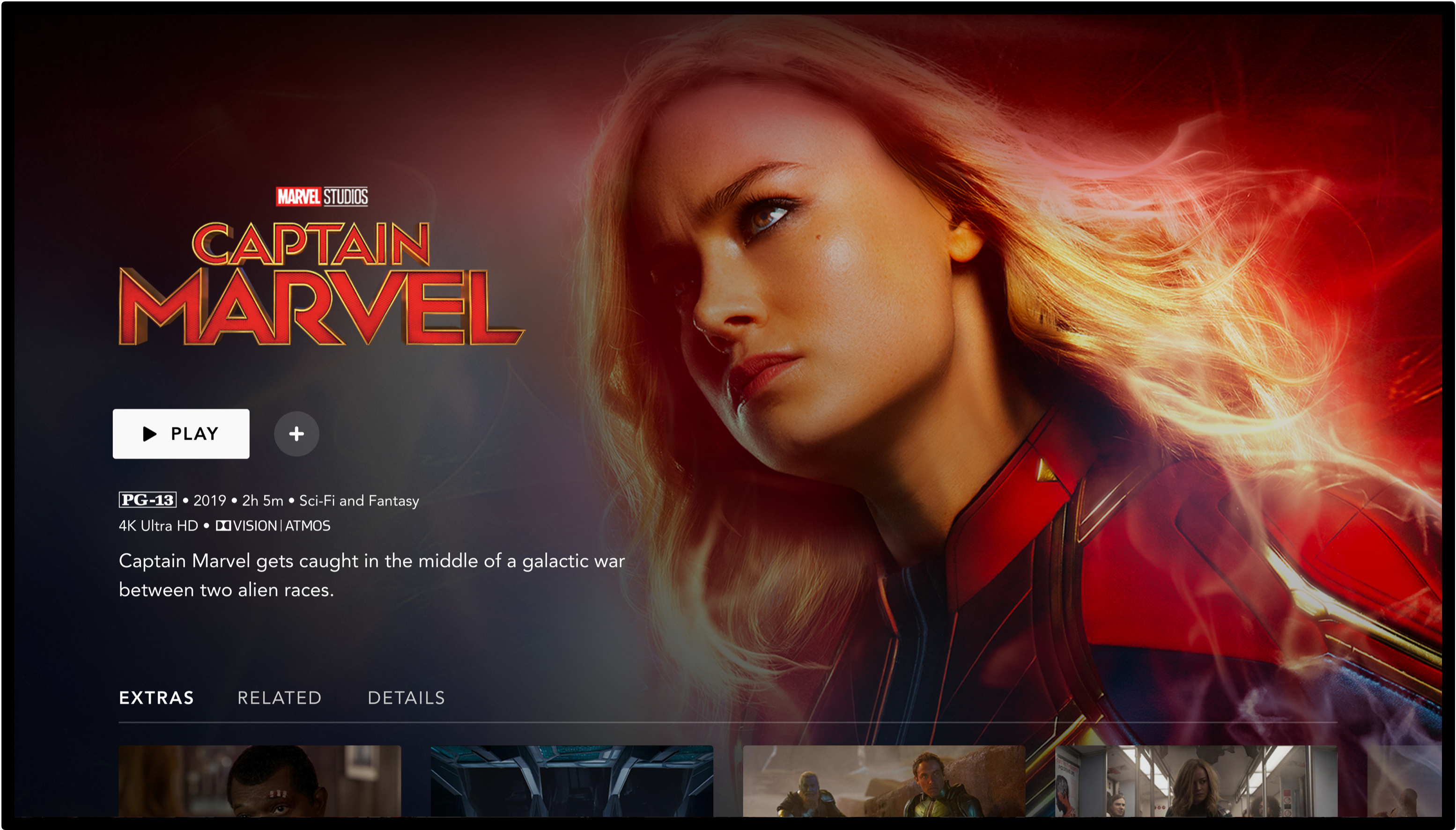 Disney+ screen showing Captain Marvel background.