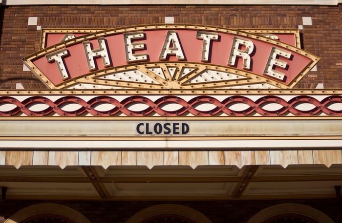 Movie theater marquee displaying a 'closed' sign.