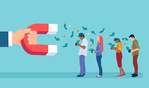 Hand with magnet attracting money from people's wallets