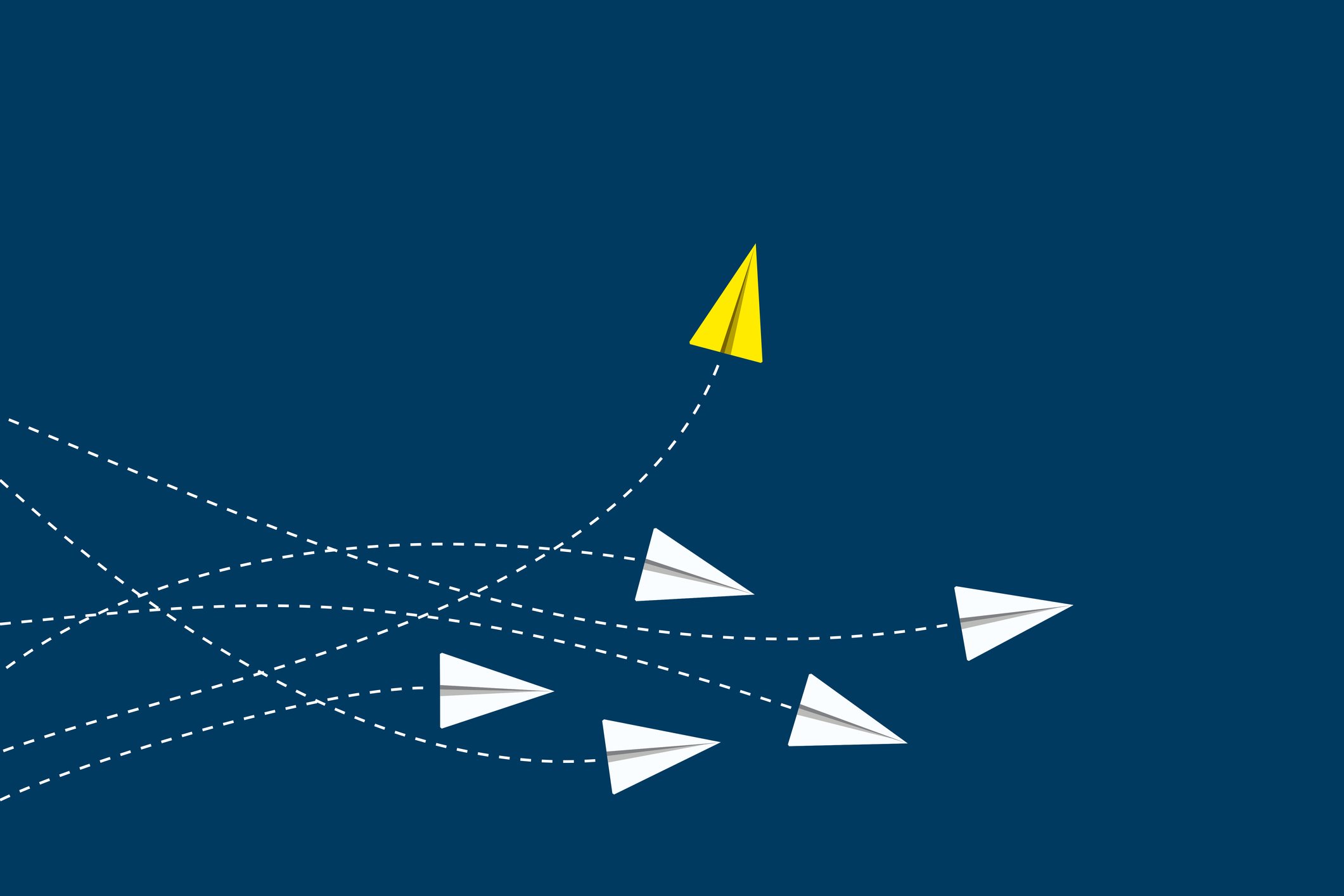 Fve white paper airplanes with one yellow paper airplane flying in a different path