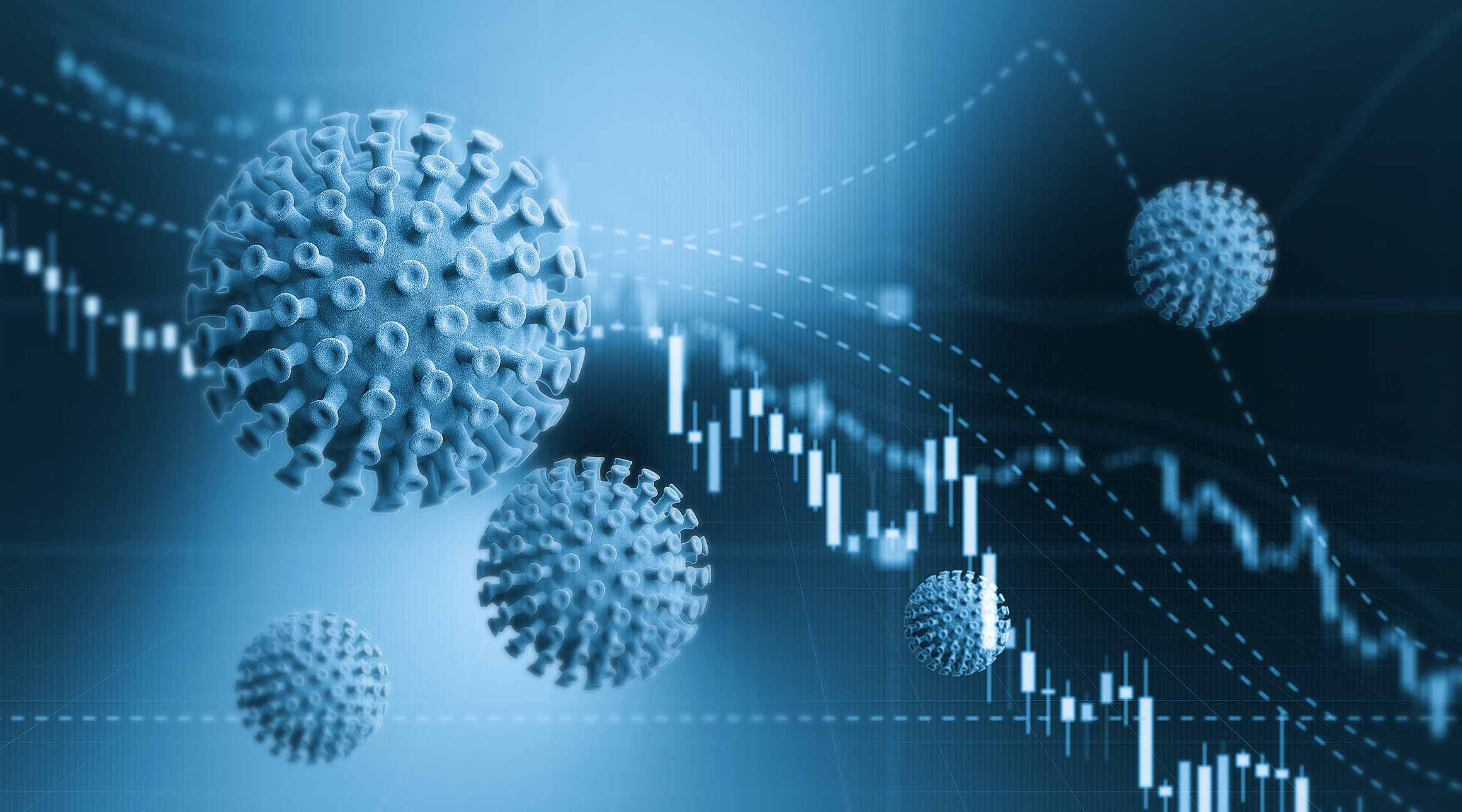 Stock chart going down with coronavirus virions