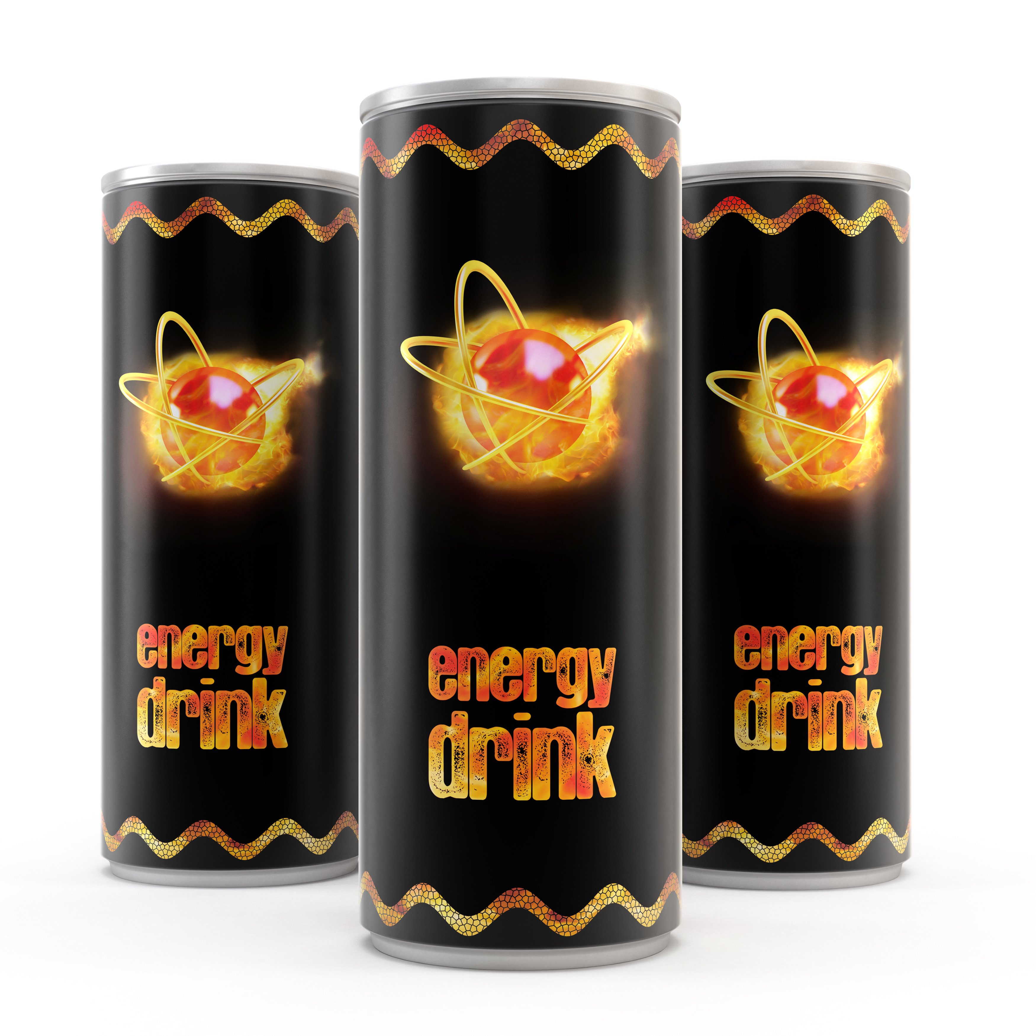 Generic canned energy drinks with a red and yellow logo against a black background.