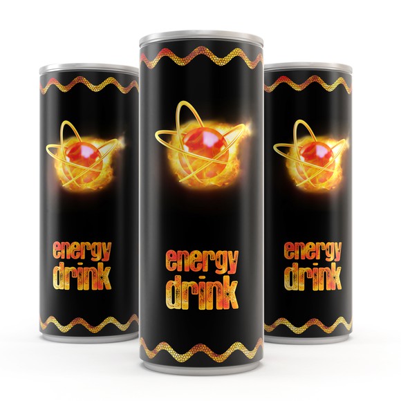 Generic canned energy drinks with a red and yellow logo against a black background.