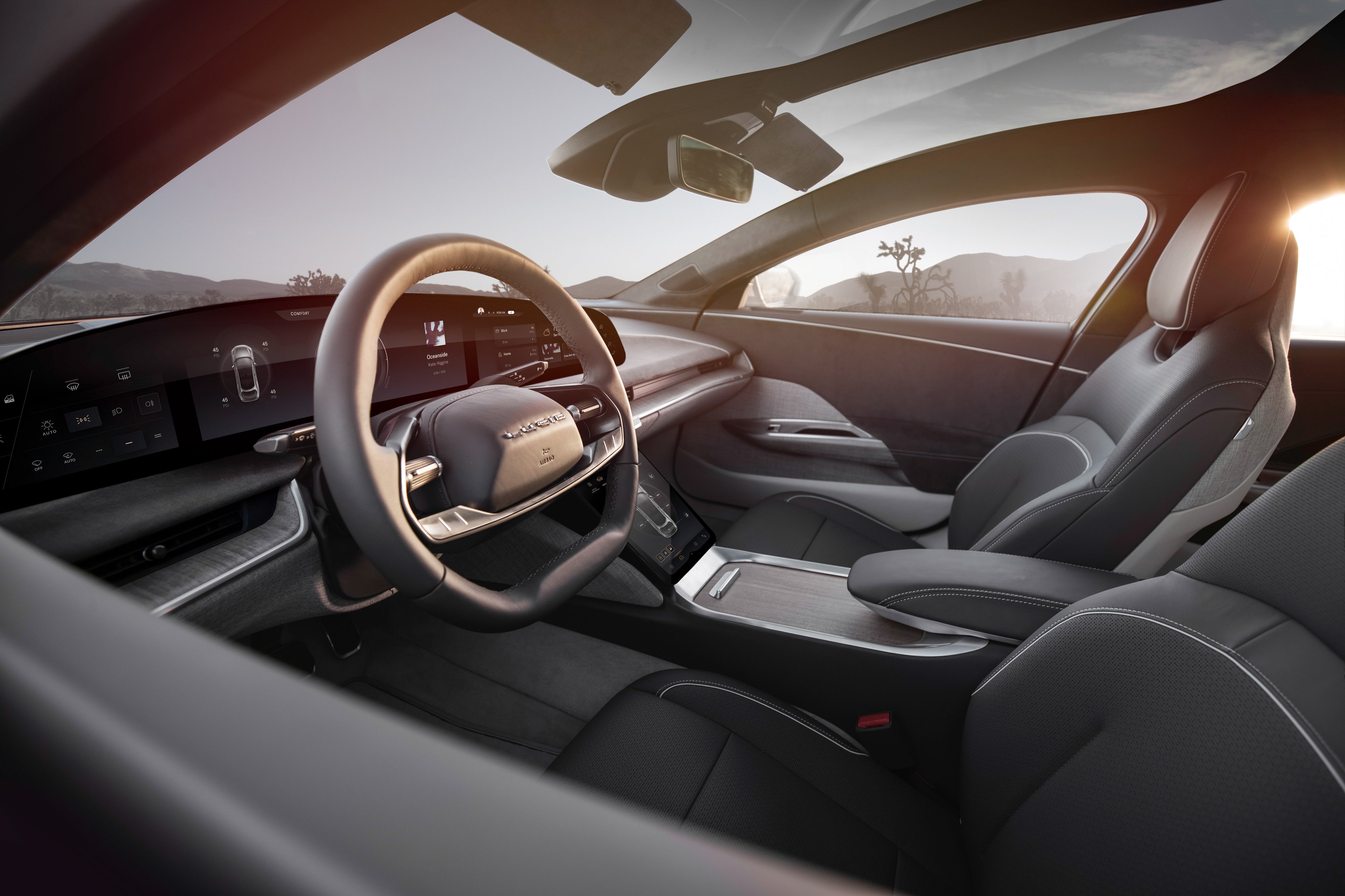 The front seats and dashboard of a Lucid Air.