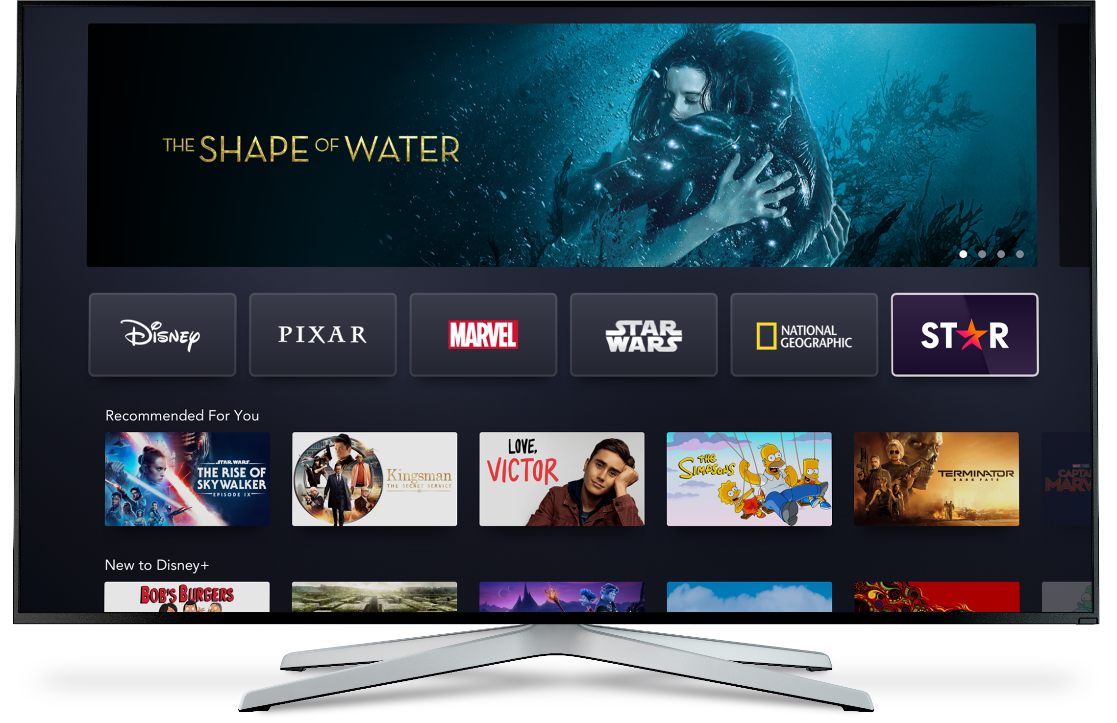 A TV displaying Disney+ homescreen.