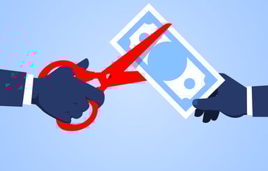 Man with scissors cutting money. 