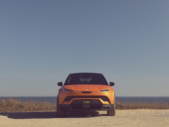 orange Fisker Ocean electric SUV