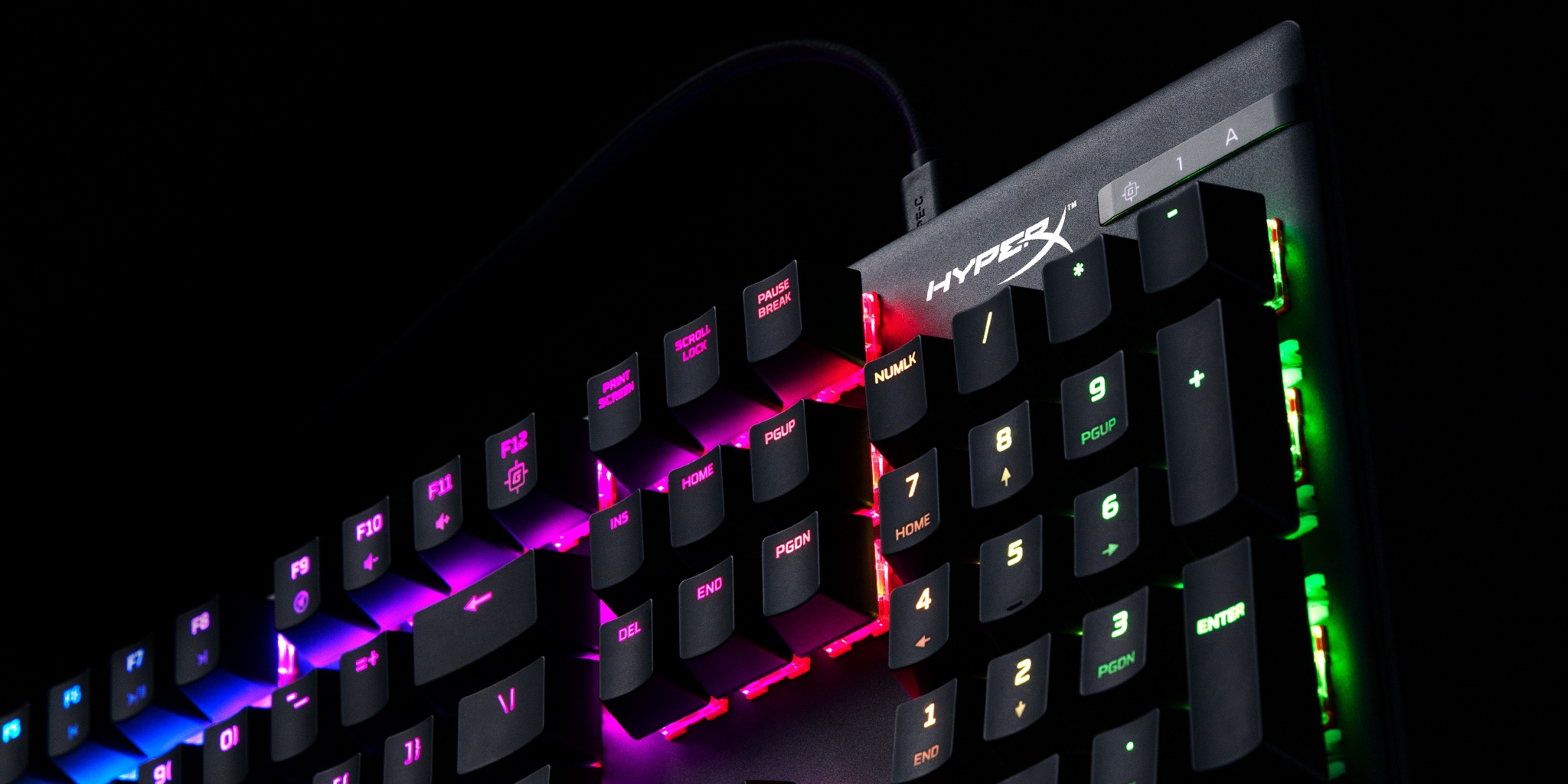 A close-up photo of a HyperX Alloy Origins gaming keyboard.