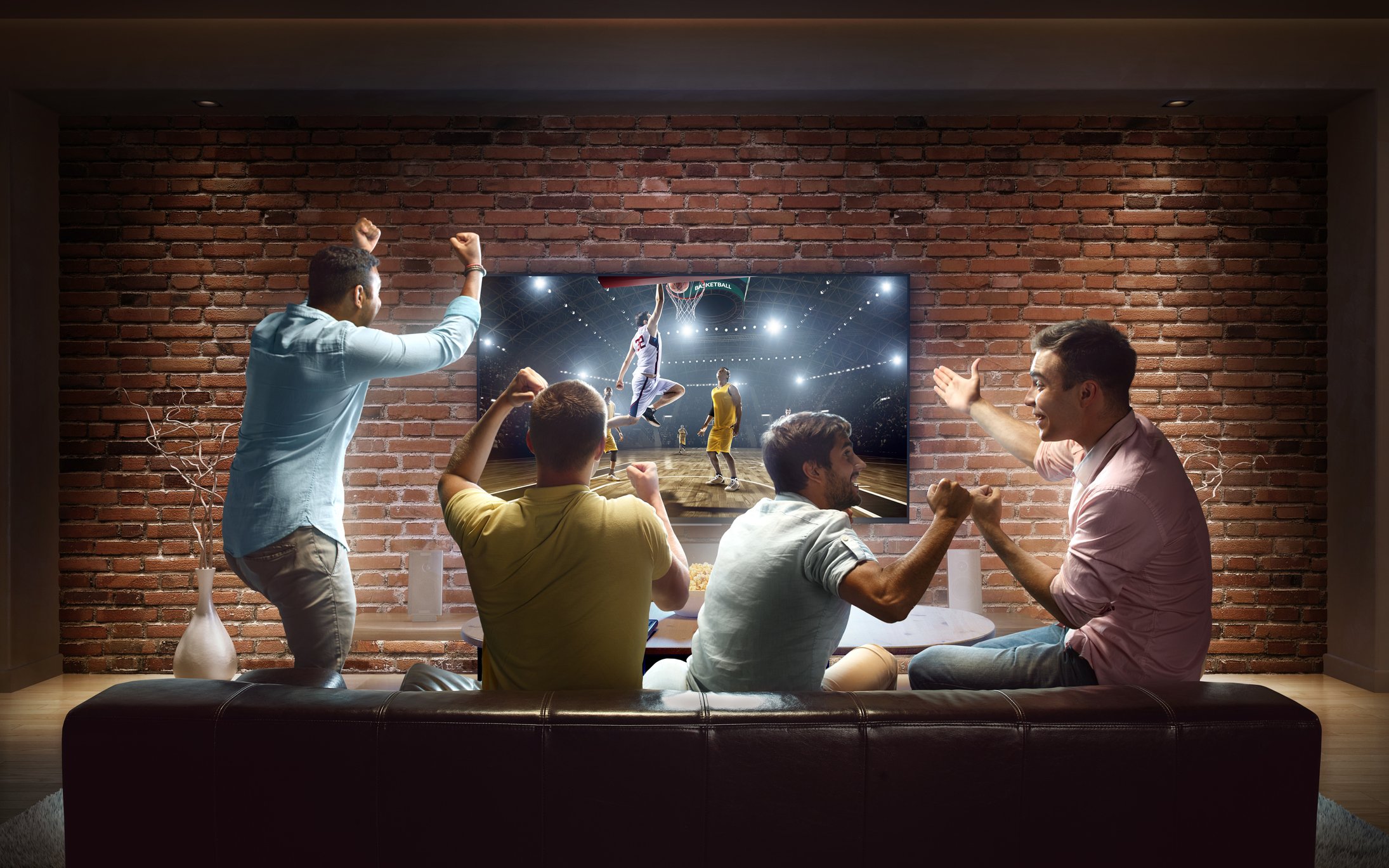 Sports fans watching the game together on a big screen.