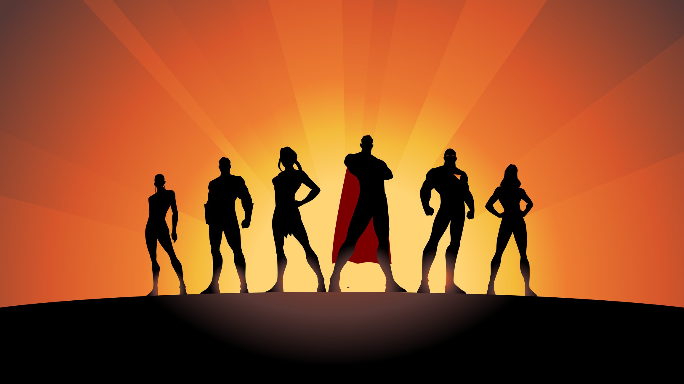 A generic group of caped superheroes silhouetted against a blaze of light.
