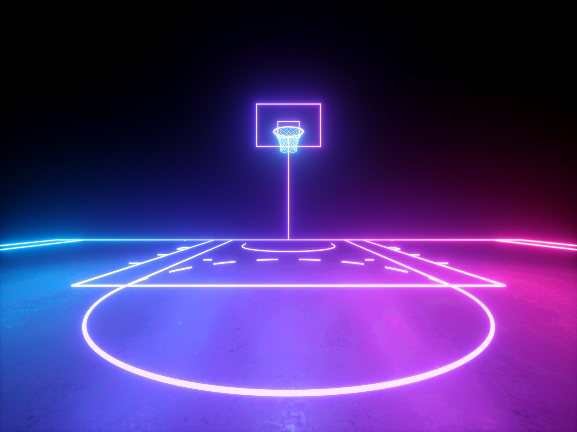 Picture of basketball court in bright colors.