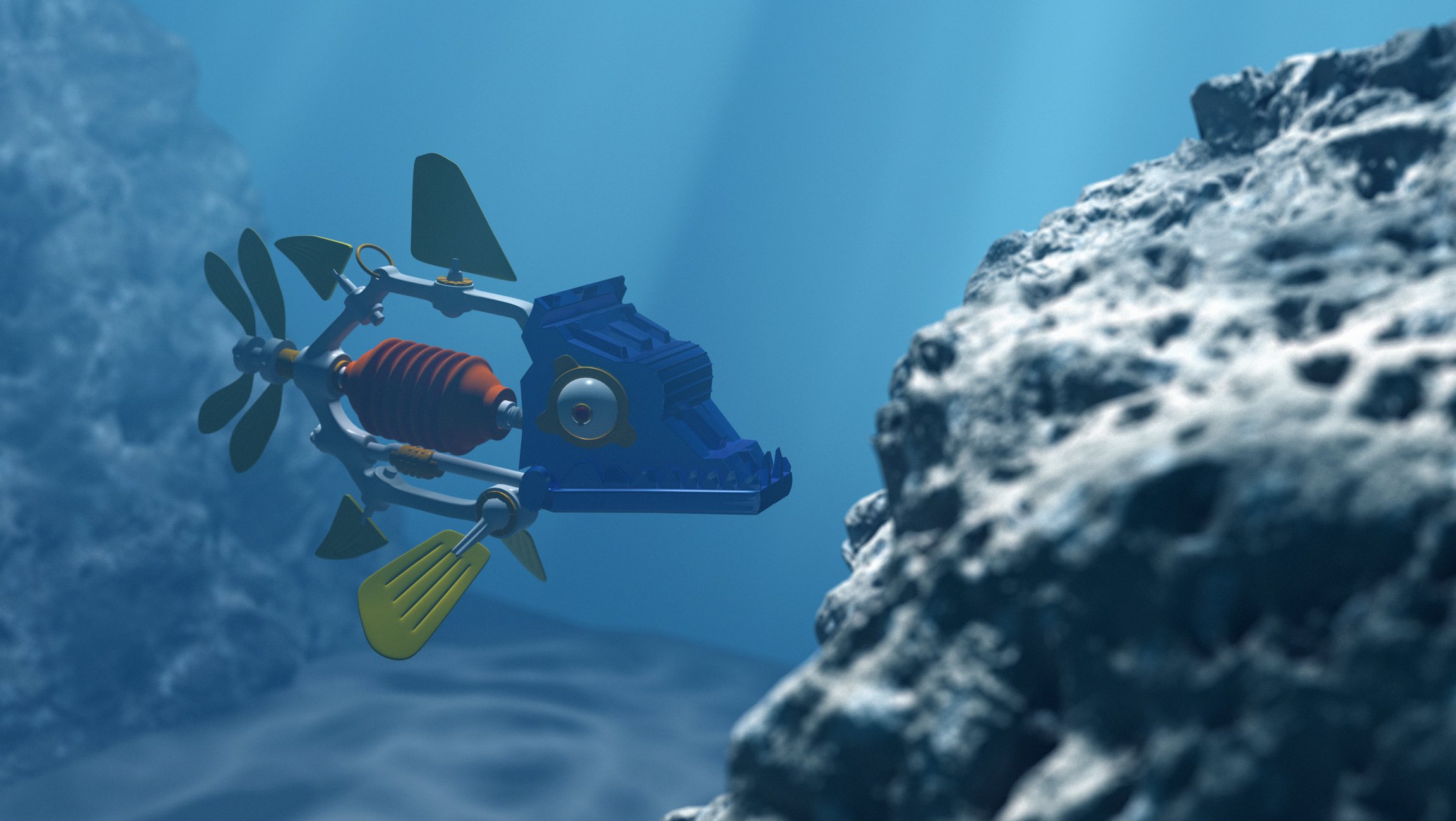 Robot fish under water next to a big rock