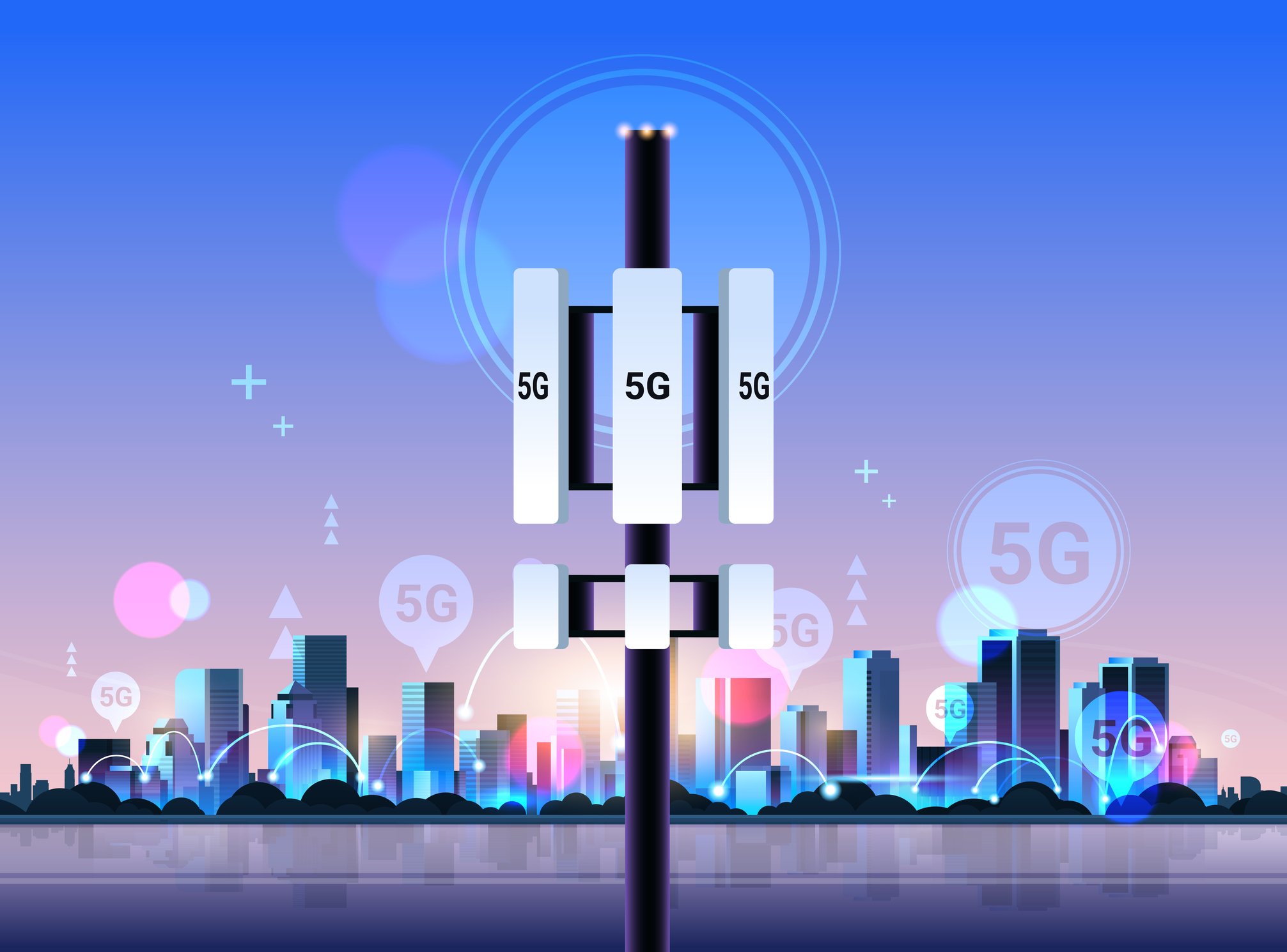 Cartoon of tower with antennas labeled 5G on them in front of a city skyline.  