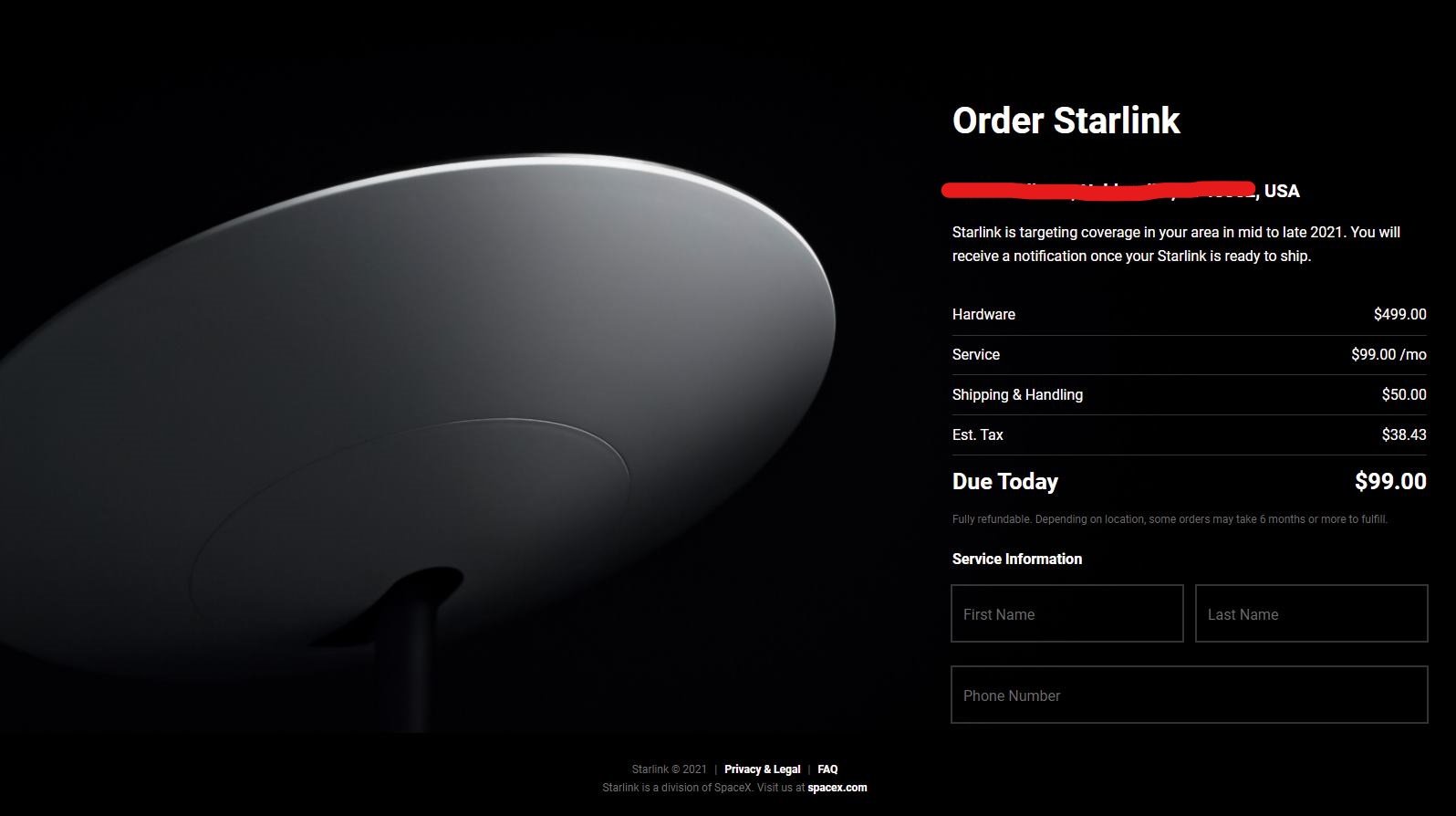 Starlink order form with prices