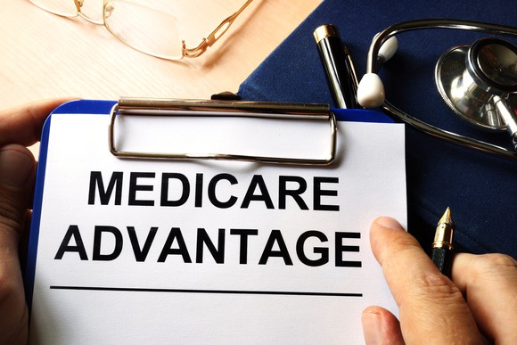 A doctor's clipboard with a page titled "Medicare Advantage".