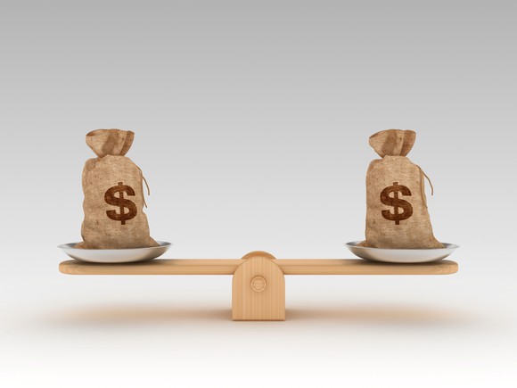 Seesaw with money bags on both sides