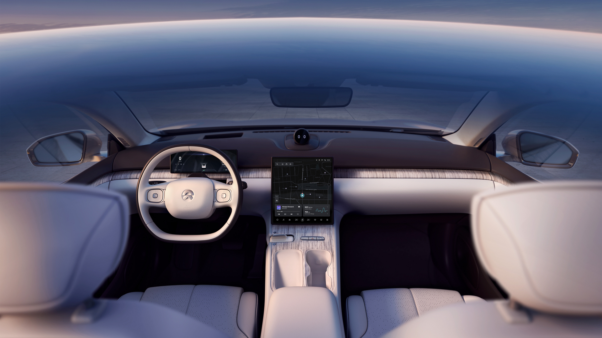 The dashboard of the NIO ET7 show car, with a location visible on the touchscreen. 