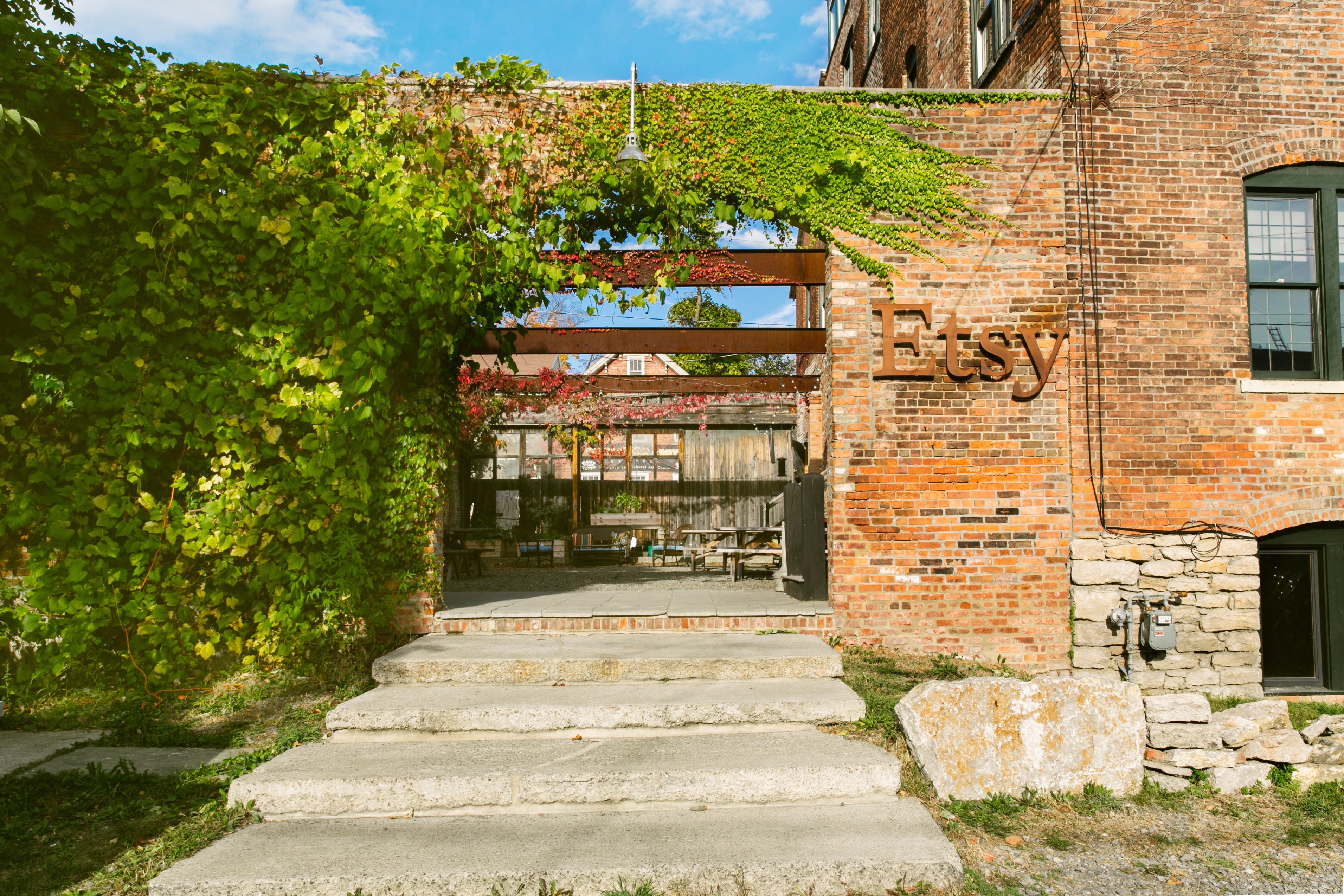 The Etsy logo is displayed outside the company's headquarters in Hudson, NY.