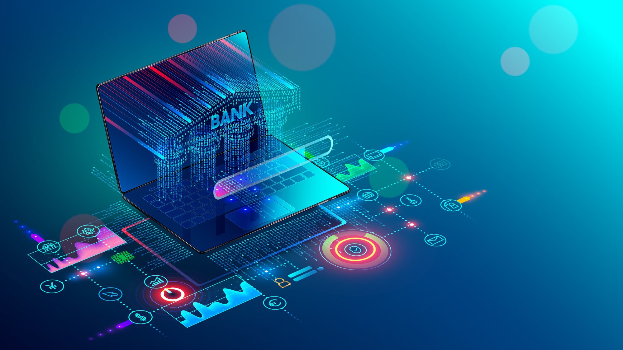 A digital representation of a bank superimposed on a laptop