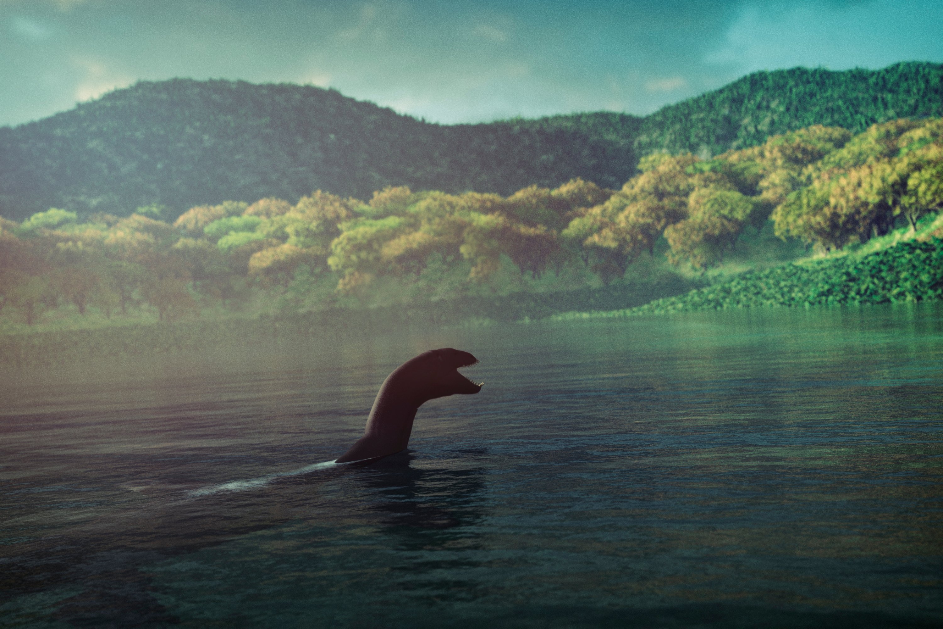 Loch Ness Monster swimming in lake