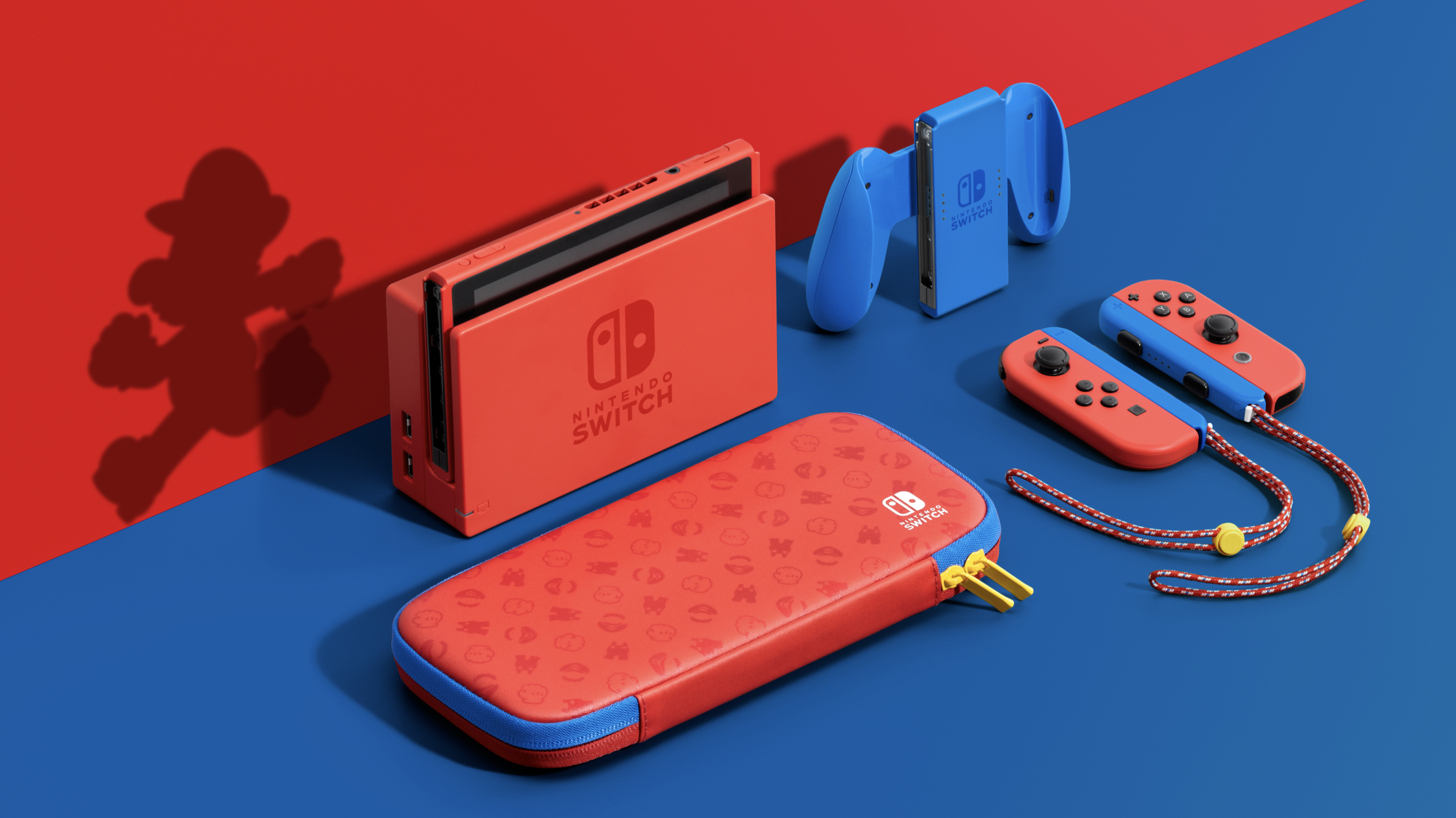 A blue and red Nintendo Switch console, and its accessories.