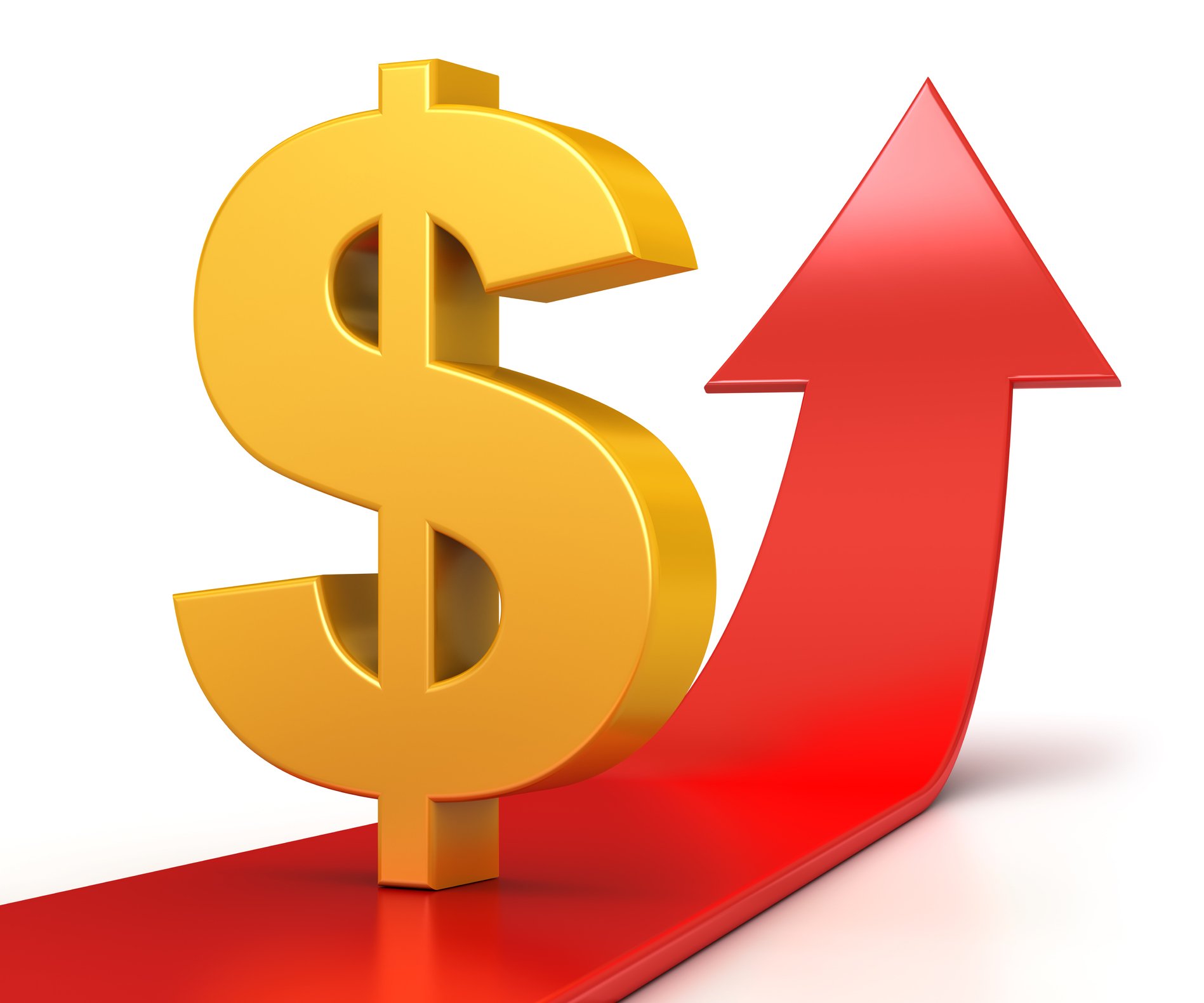 A gold dollar sign and red up arrow representing sales growth.