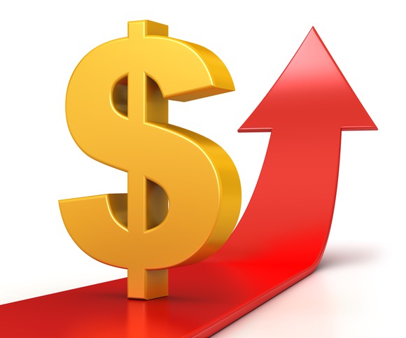 A gold dollar sign and red up arrow representing sales growth.