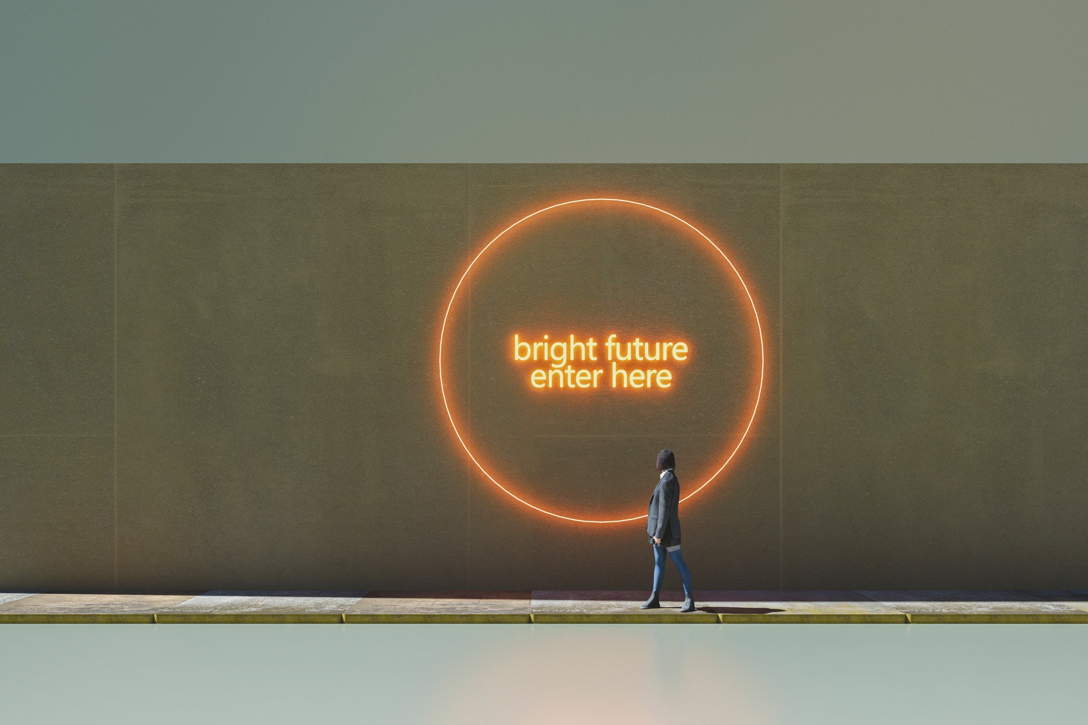 A graffiti portal on a wall labeled "bright future, enter here".