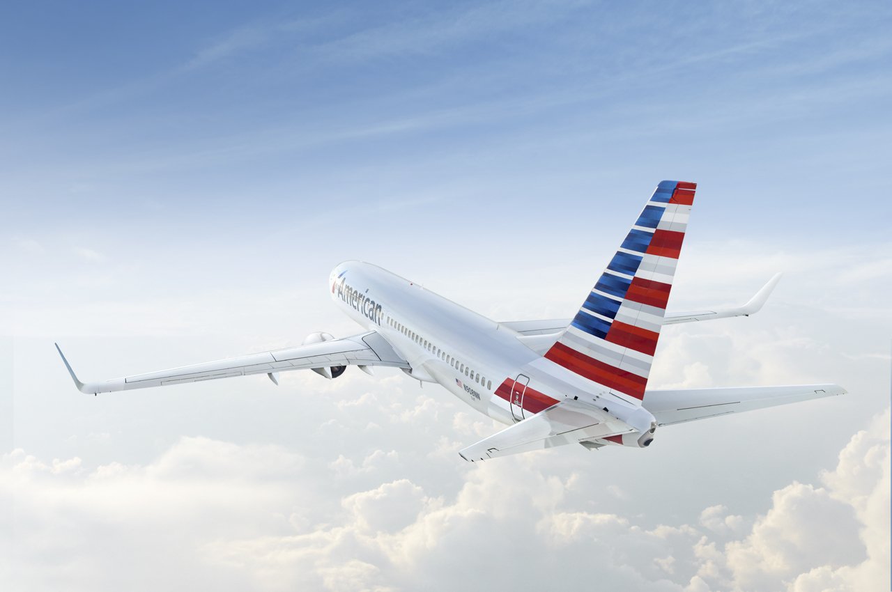 An American Airlines plane in flight. 
