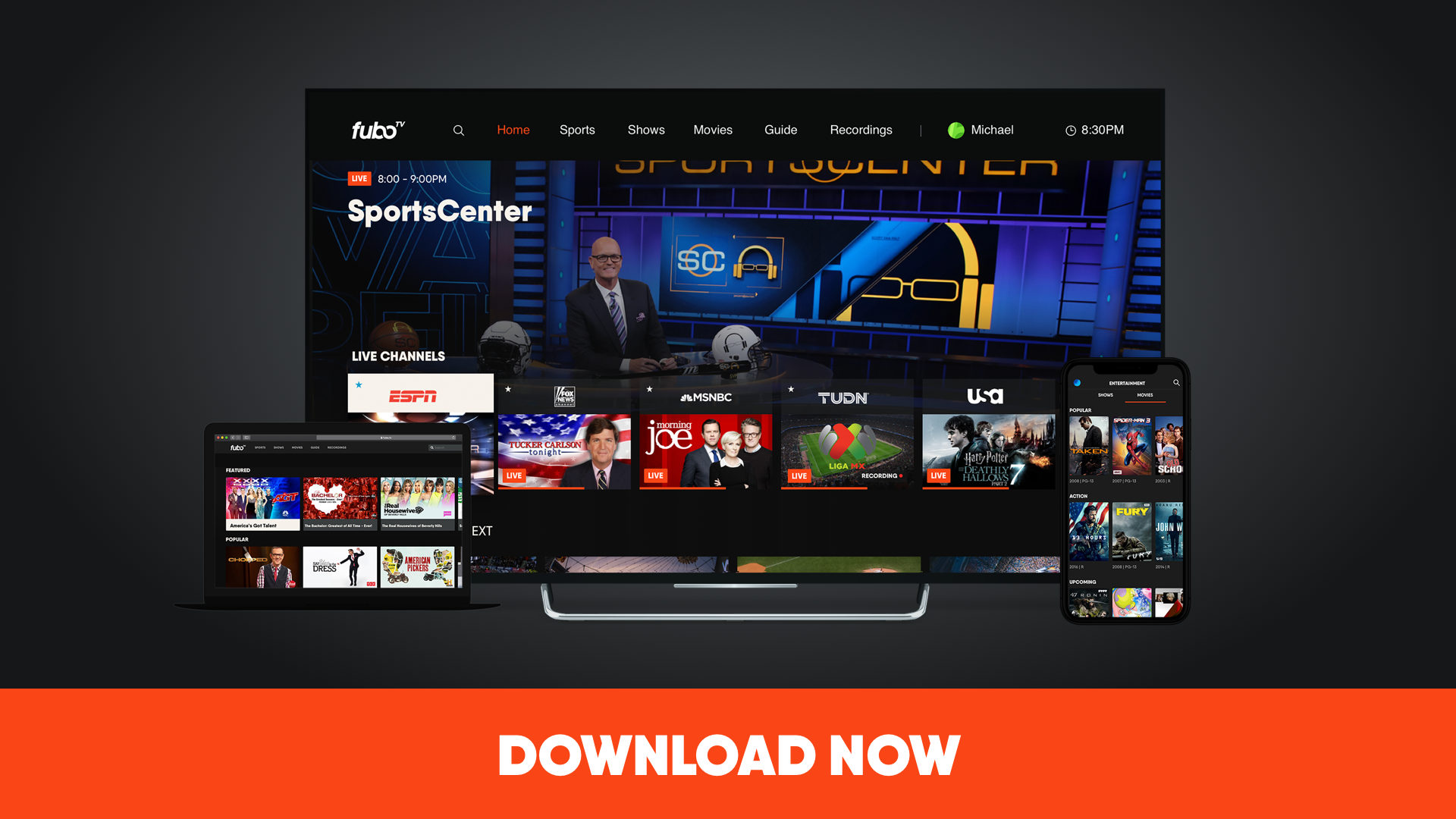 fuboTV screen showing Download Now