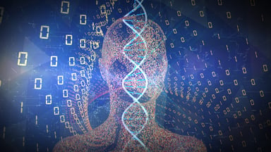 DNA and image of a head with 1s and 0s