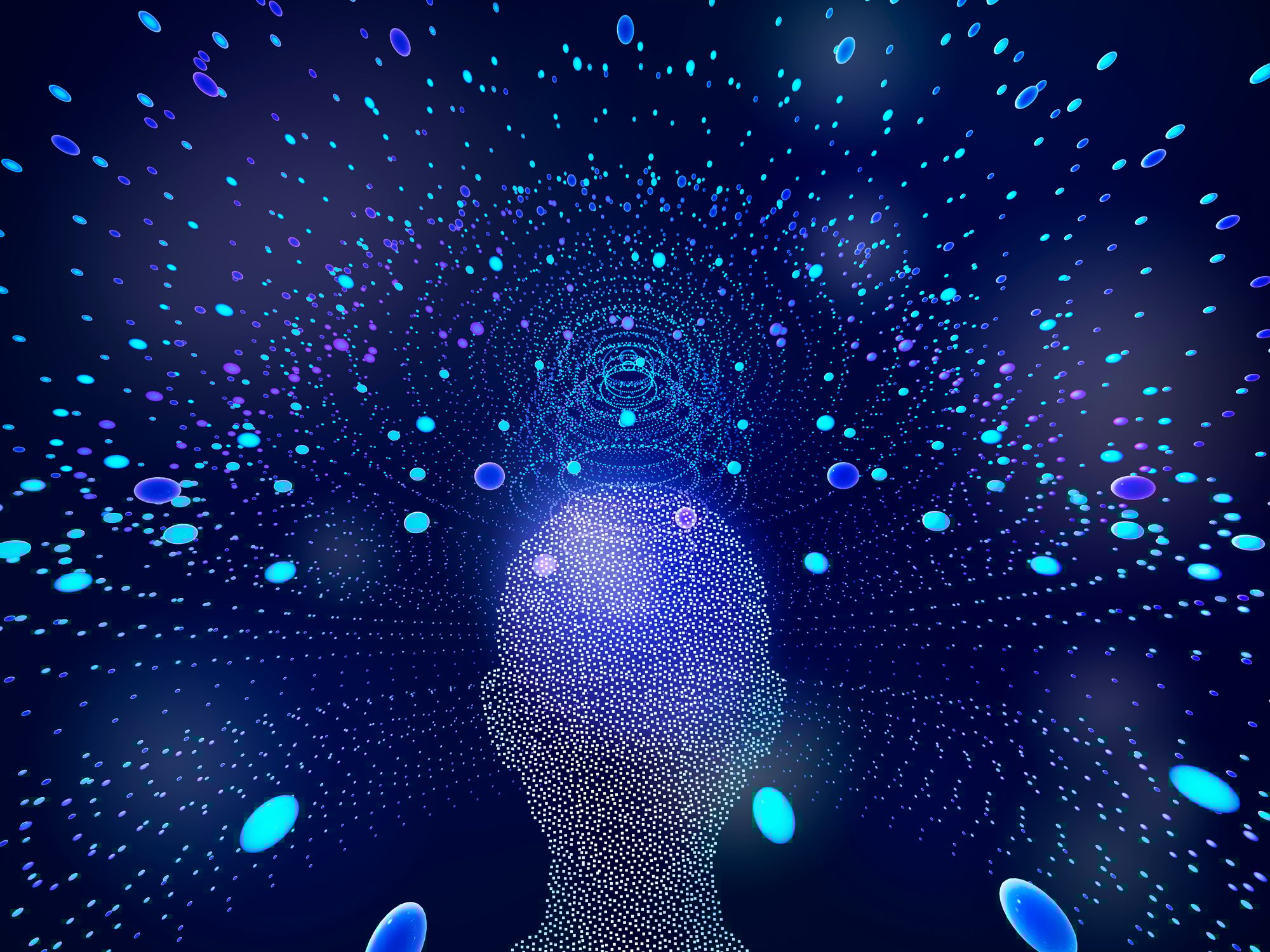 Animation showing outline of human head and circular bits streaming out of it. 