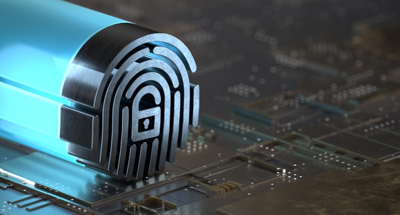 Graphic of a finger print on a computer chip. 