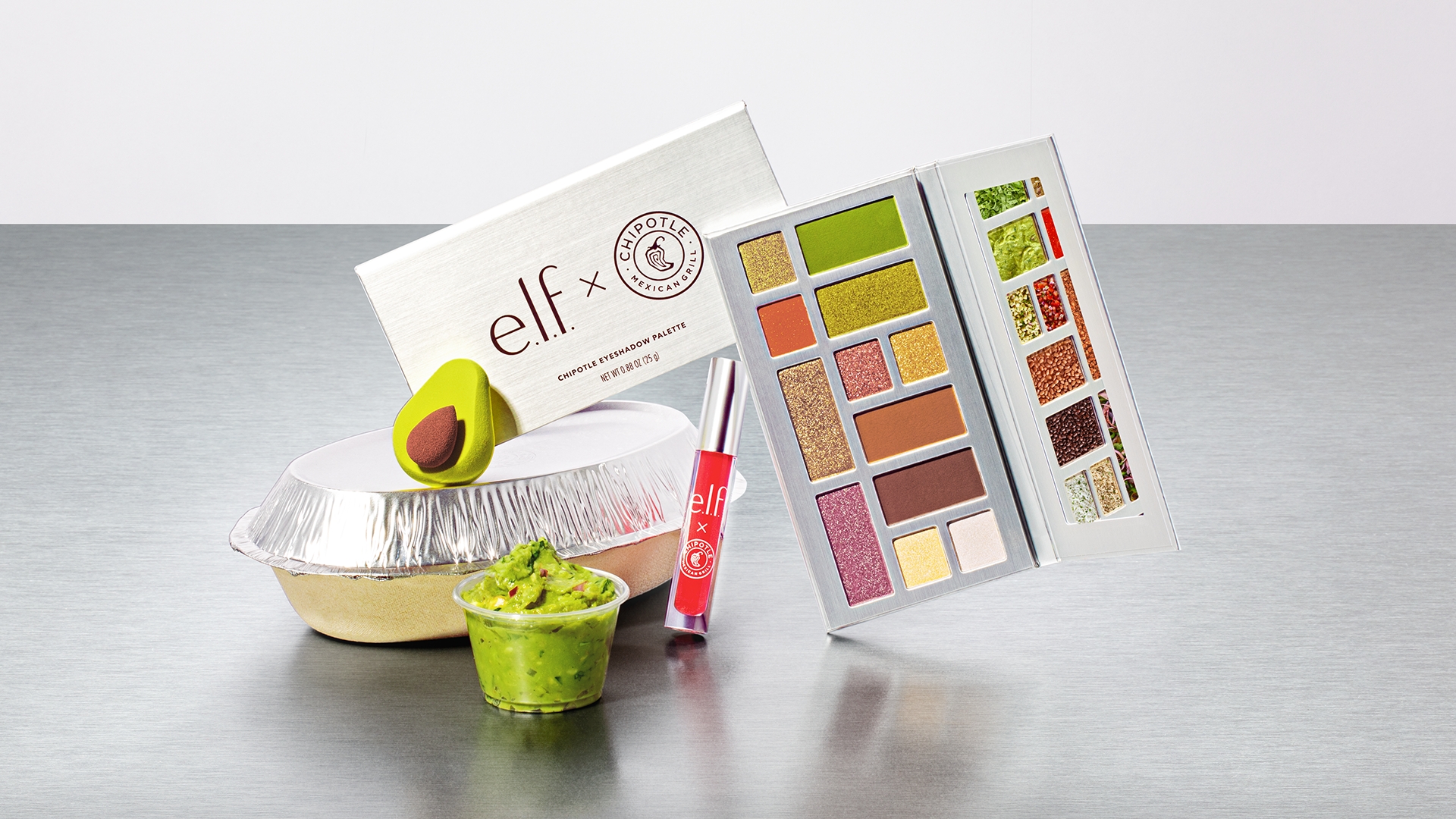 Part of the e.l.f. x Chipotle collection, including eyeshadow colors and an avocado facial sponge. 